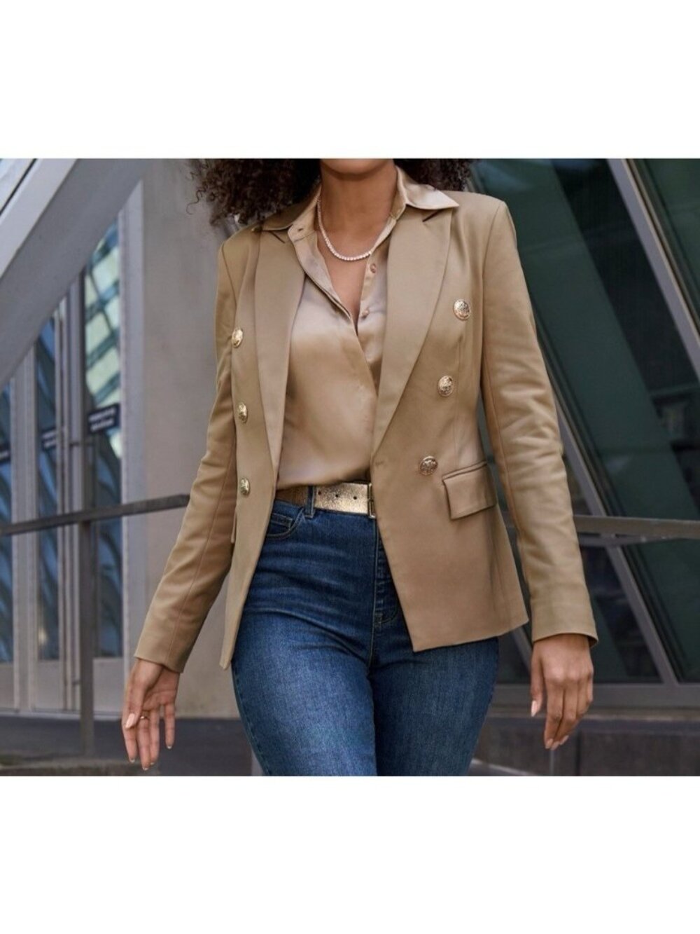 NEW Boston Proper Blazer Double Breasted Gold Btn Career Office camel preppy 12